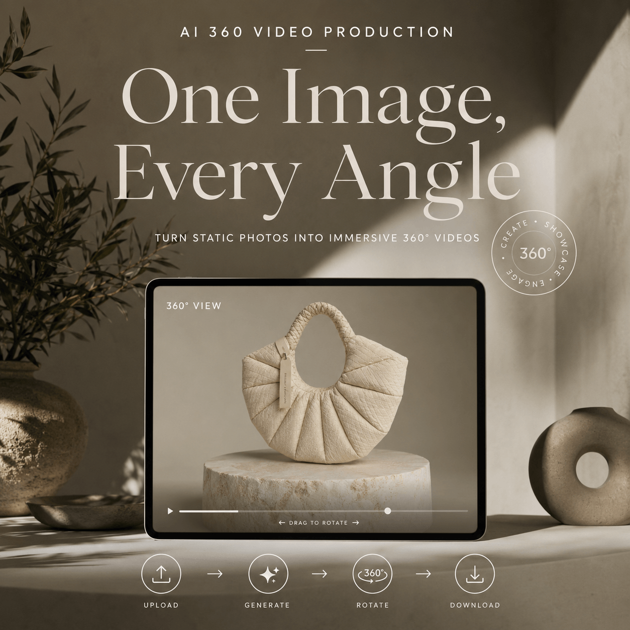 A sculptural beige handbag displayed on a tablet in a warm editorial studio, illustrating the AI 360 Video Production workflow.