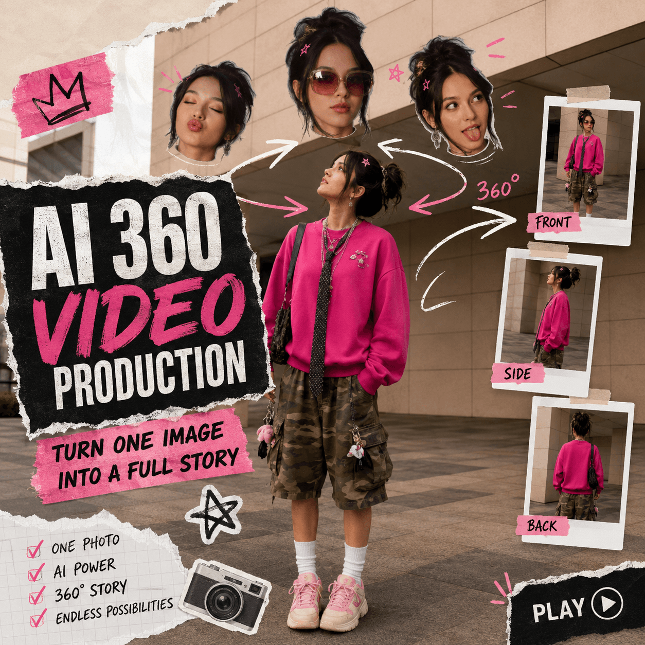 Editorial collage poster for AI 360 Video Production showing one fashion model in a pink sweatshirt with multiple facial expressions, front-side-back angle cards, and bold text about turning one image into a full story.