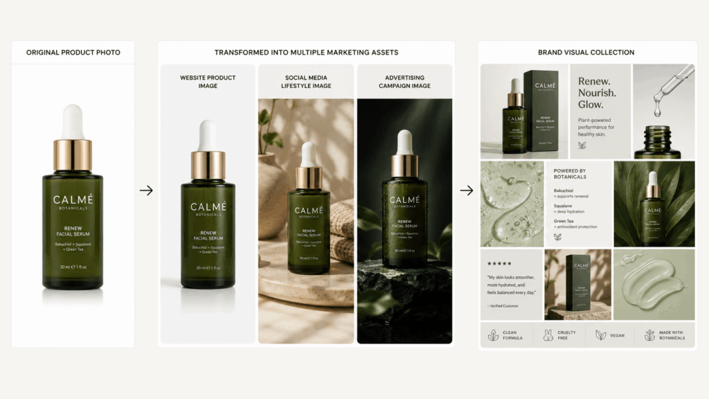 AI Product Photography workflow showing a skincare product transformed from an original photo into website, social media, and advertising visuals