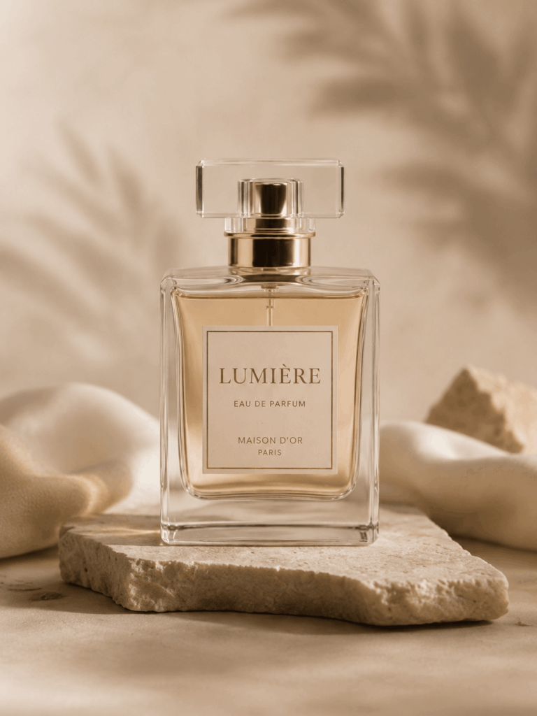 AI Product Photography examples showing perfume, skincare, and candle products with consistent lighting, background, and luxury brand style