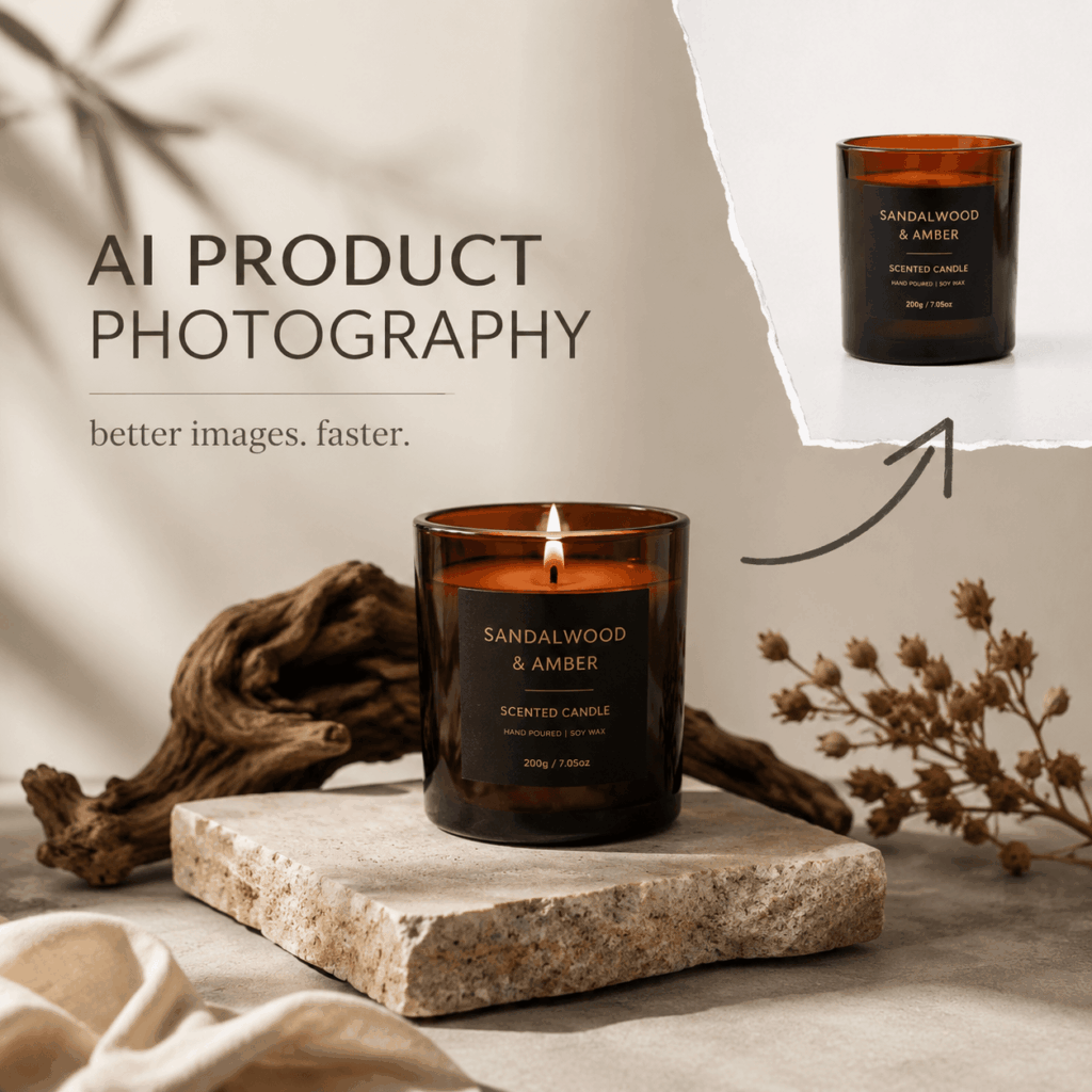AI Product Photography cover showing a premium candle product transformed into a professional ecommerce visual with realistic lighting and a lifestyle setting