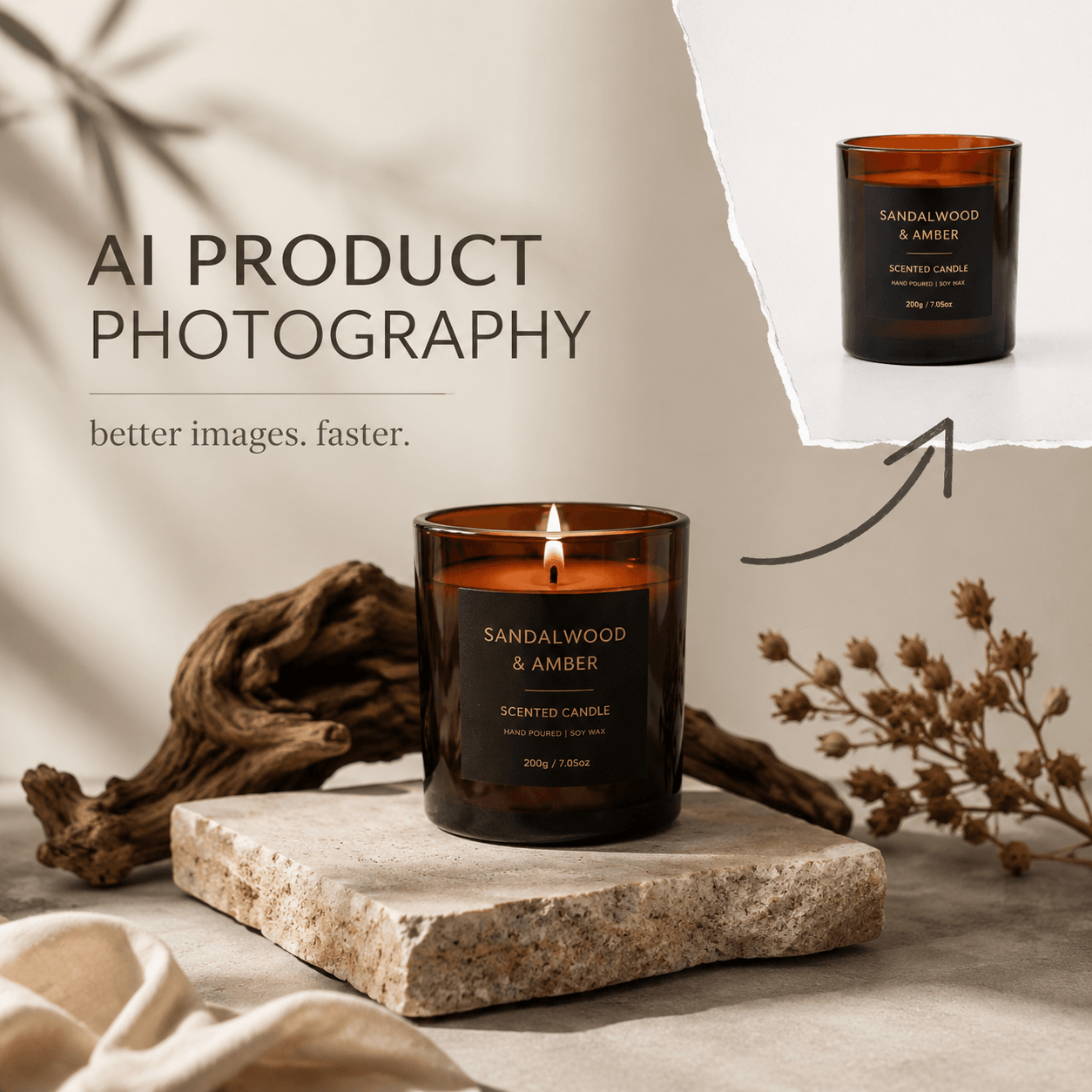 AI Product Photography cover showing a premium candle product transformed into a professional ecommerce visual with realistic lighting and a lifestyle setting