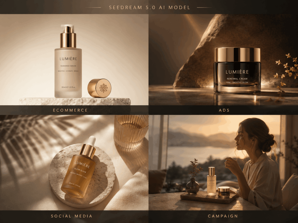 Seedream 5.0 AI Model examples showing how businesses create ecommerce images, advertising visuals, social media content, and campaign materials