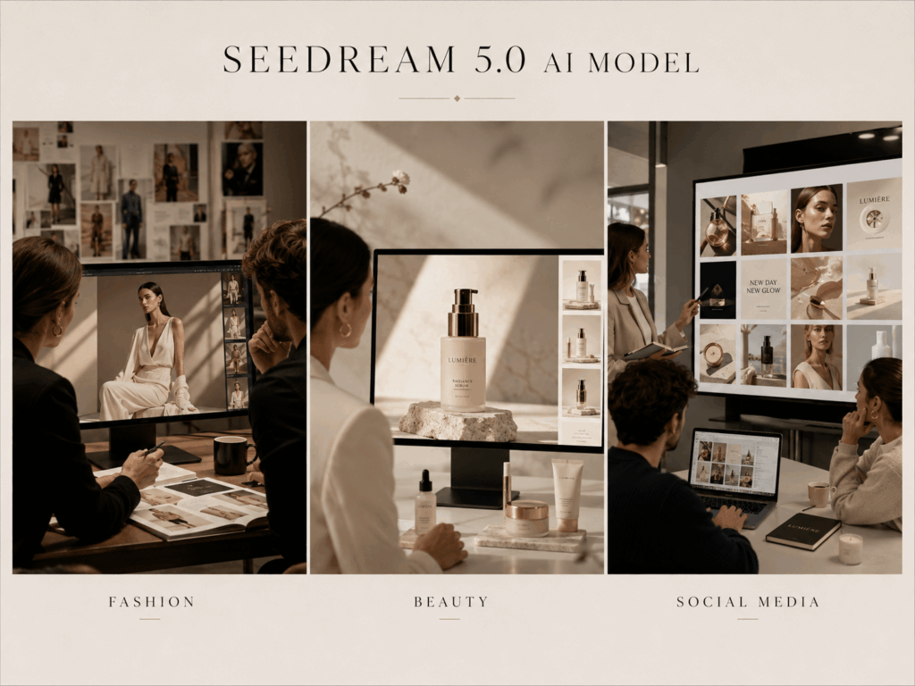 Seedream 5.0 AI Model business applications showing creative teams using AI images for fashion, beauty, and social media projects