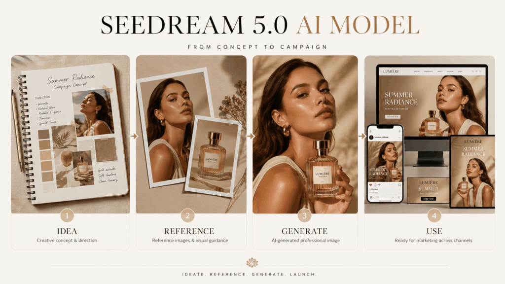 Seedream 5.0 AI Model workflow showing the process from creative idea and reference images to generated visuals and marketing use