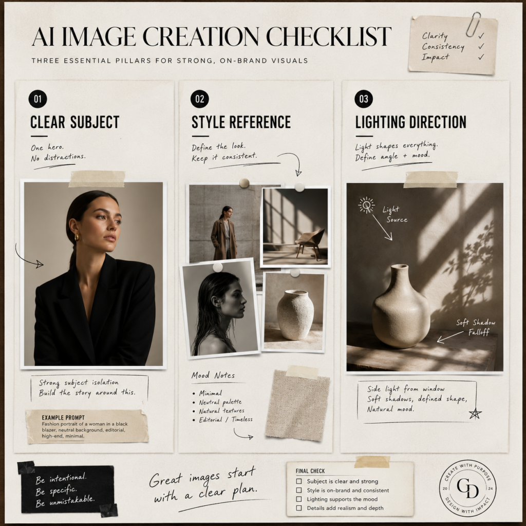 Seedream 5.0 AI Model checklist showing key elements for better image results including clear subjects, style references, and lighting direction