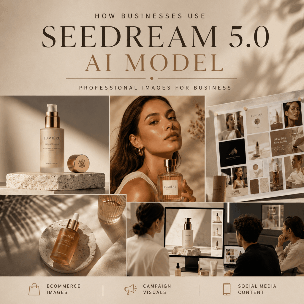 Seedream 5.0 AI Model cover showing professional business image creation with product visuals, campaign concepts, and social media content