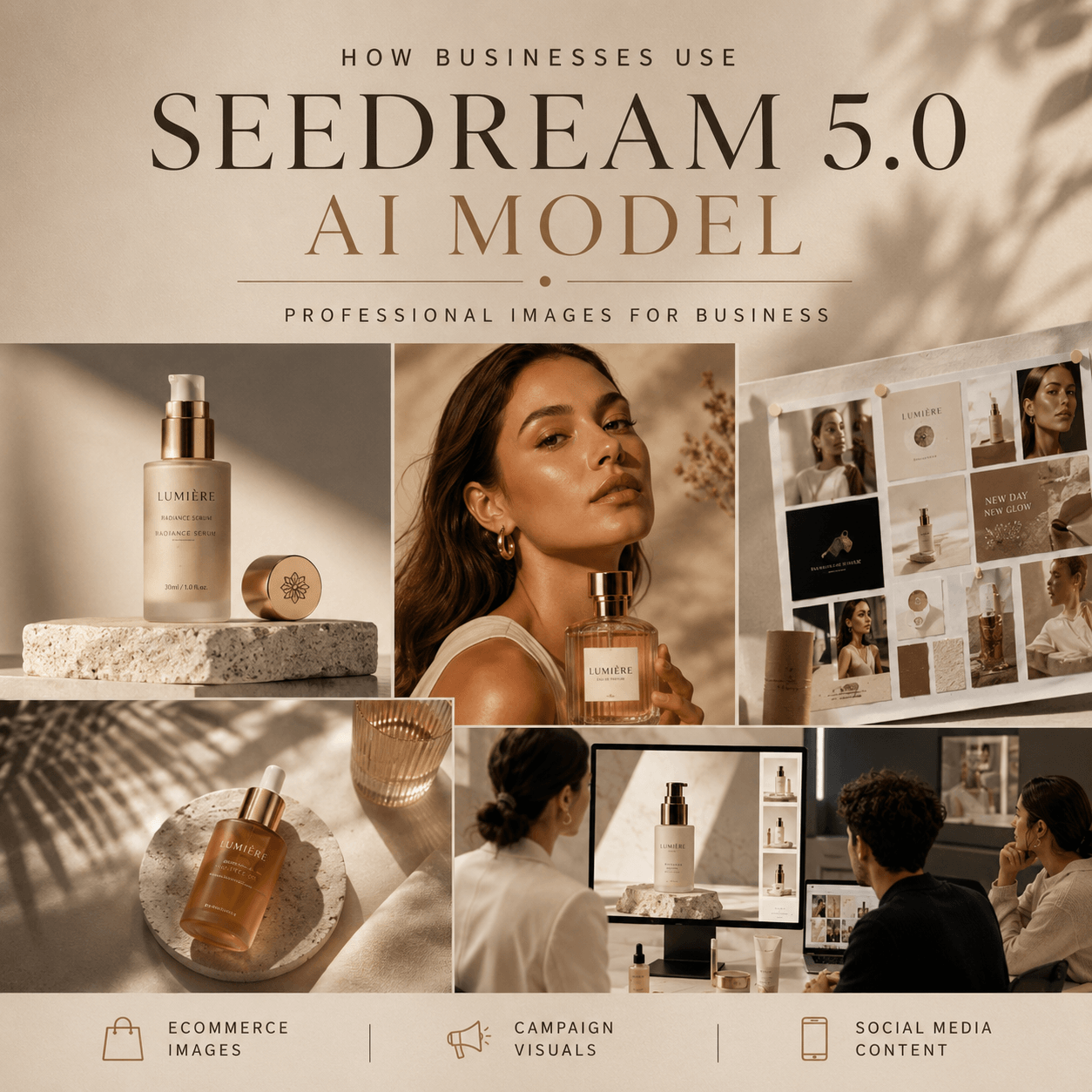 Seedream 5.0 AI Model cover showing professional business image creation with product visuals, campaign concepts, and social media content
