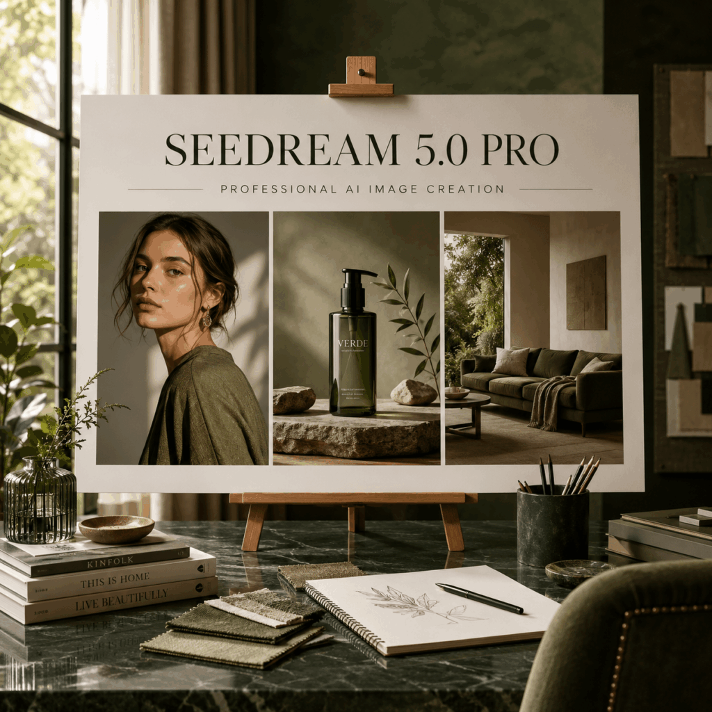 Seedream 5.0 Pro visual showing professional AI image creation with creative concepts, product scenes, and brand photography examples