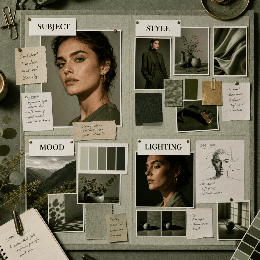 Seedream 5.0 Pro creative brief board showing subject, style, mood, and lighting references for better AI image results.