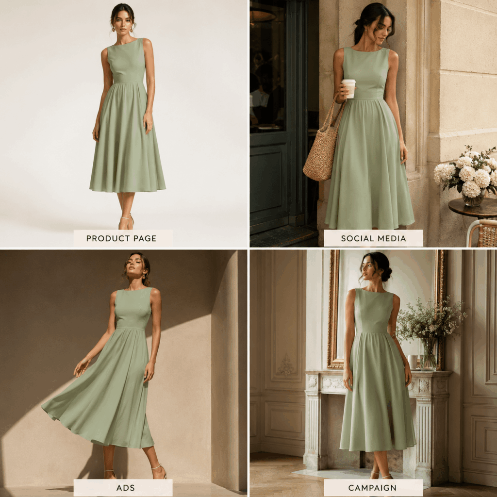 ChatGPT Image 2026年7月23日 02_31_20 1 – WeShop AI Blog AI Virtual Try-On example showing one dress used for product pages, social media content, advertisements, and fashion campaigns