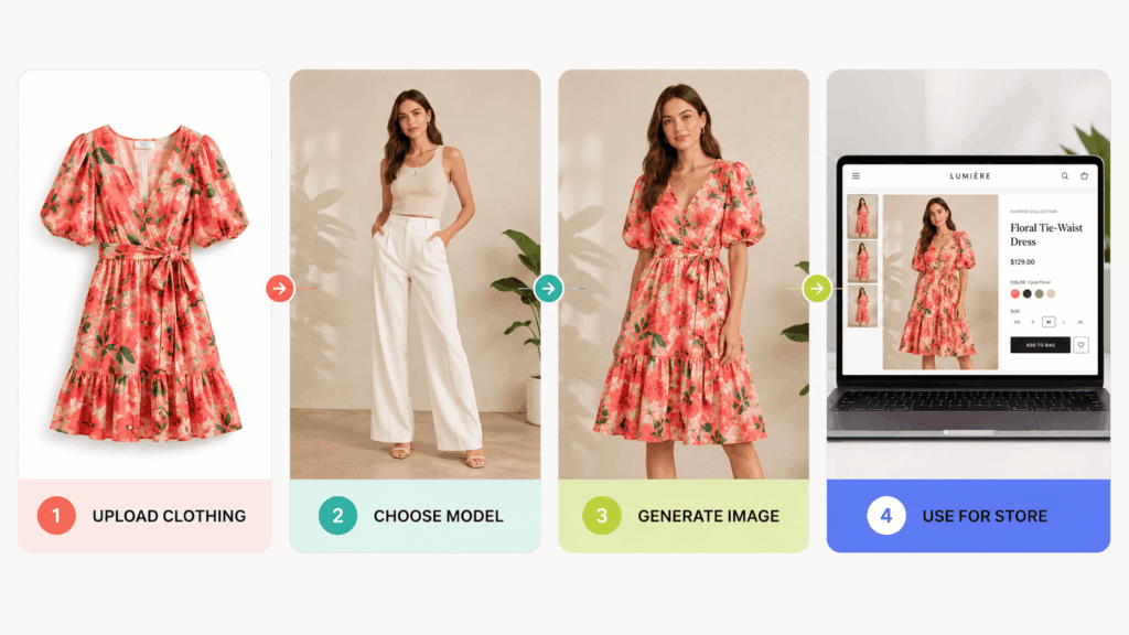 ChatGPT Image 2026年7月23日 02_44_14 1 – WeShop AI Blog AI Virtual Try-On workflow showing clothing upload, model selection, image generation, and ecommerce usage steps