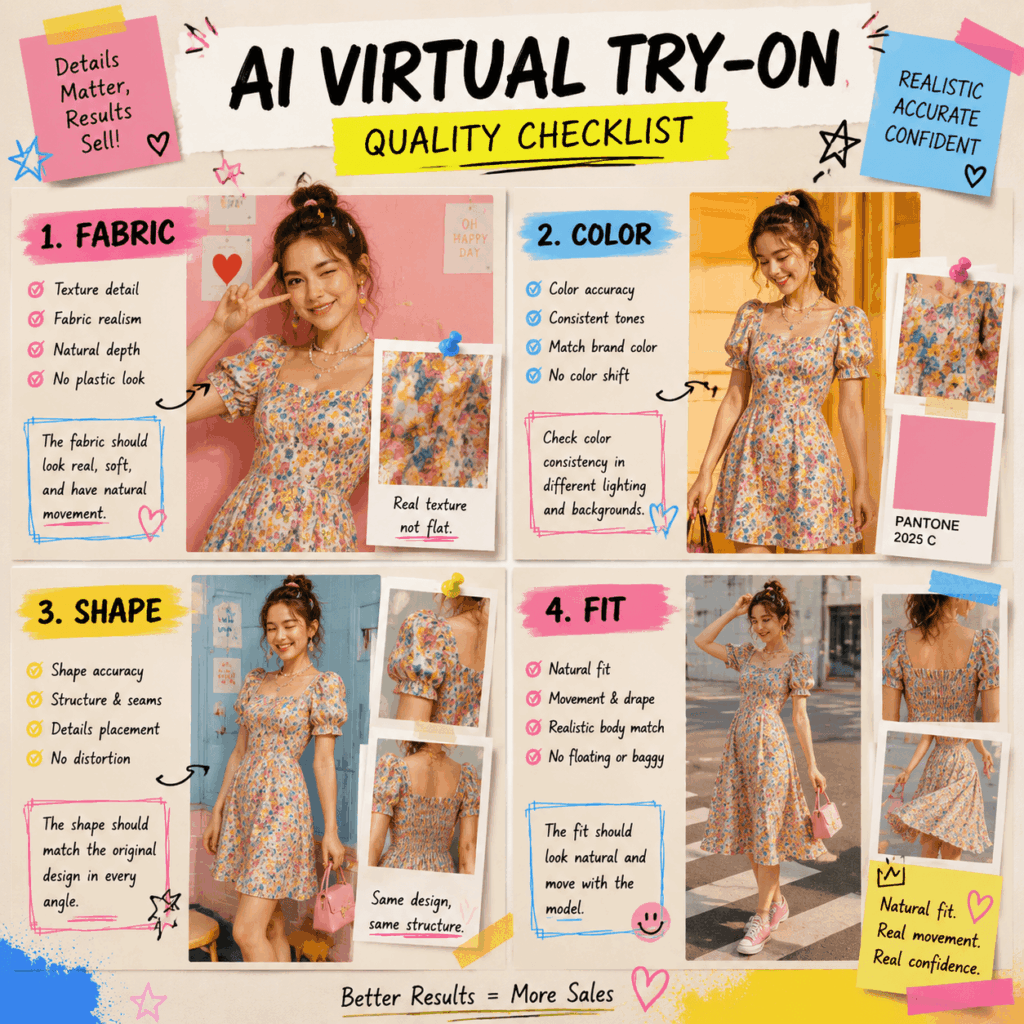 ChatGPT Image 2026年7月23日 02_54_31 1 – WeShop AI Blog AI Virtual Try-On checklist showing clothing quality checks for fabric, color, shape, and fit accuracy