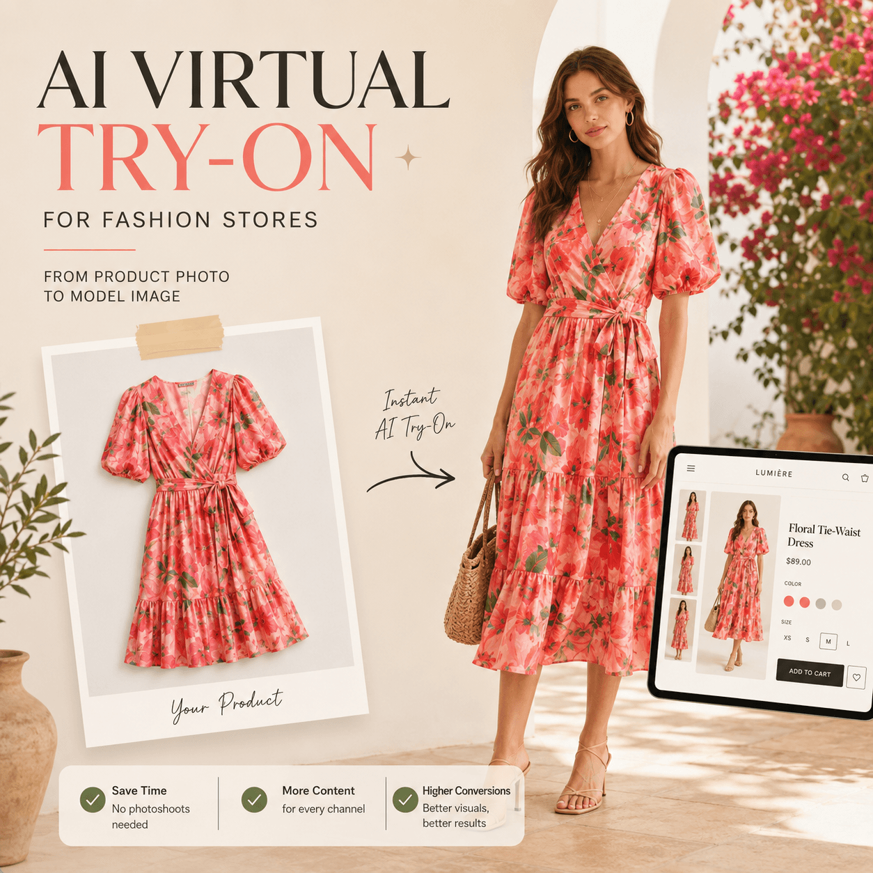 AI Virtual Try-On cover showing a clothing product transformed into a realistic model image for fashion ecommerce stores