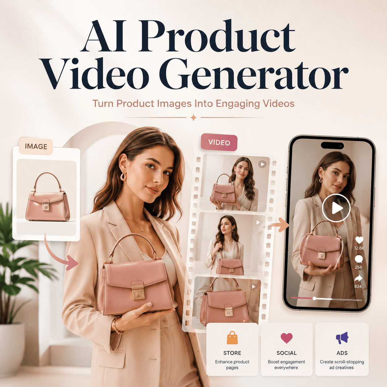 AI Product Video Generator cover showing a product image transformed into engaging marketing videos for ecommerce stores, social media, and advertisements