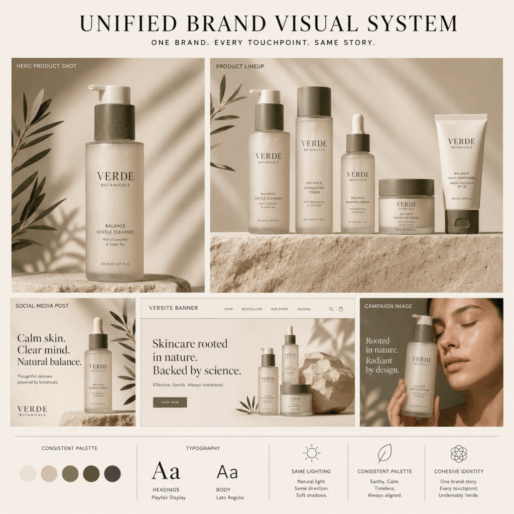 ChatGPT Image 2026年7月24日 00_07_48 2 1 – WeShop AI Blog AI Product Photography brand system showing consistent product packaging, lighting, colors, typography, and campaign visuals.