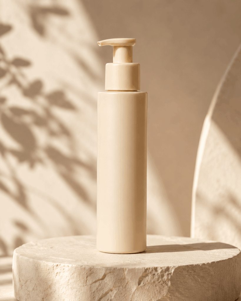 ChatGPT Image 2026年7月24日 00_29_16 2 1 – WeShop AI Blog AI Product Photography showing the same beige skincare bottle in a premium studio setting with warm light and soft botanical shadows.