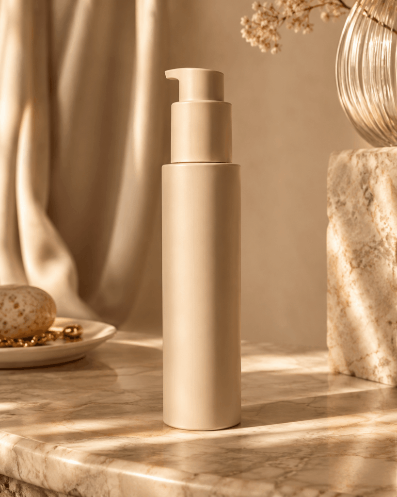 ChatGPT Image 2026年7月24日 00_36_13 1 1 – WeShop AI Blog AI Product Photography showing a beige skincare pump bottle in a luxury marble setting with warm light and elegant neutral props.