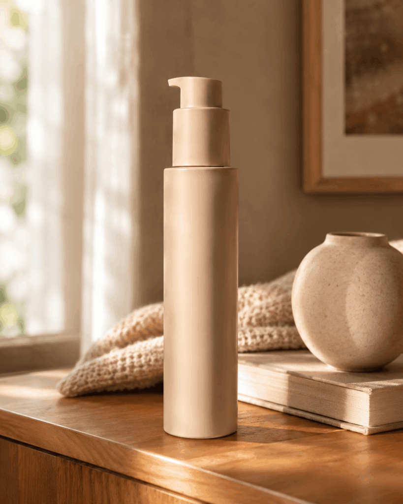 ChatGPT Image 2026年7月24日 00_36_14 2 1 – WeShop AI Blog AI Product Photography showing the same beige skincare pump bottle in a cozy indoor setting with soft sunlight, neutral textiles, and ceramic decor.