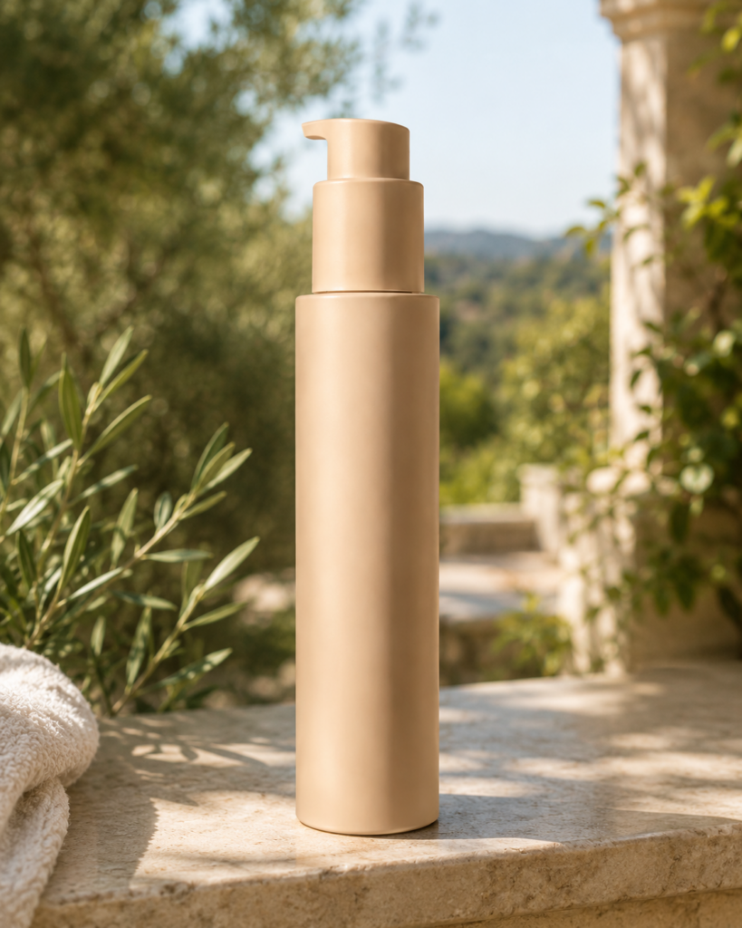 ChatGPT Image 2026年7月24日 00_36_15 3 – WeShop AI Blog AI Product Photography showing the same beige skincare pump bottle outdoors on a stone surface with natural sunlight and green foliage.