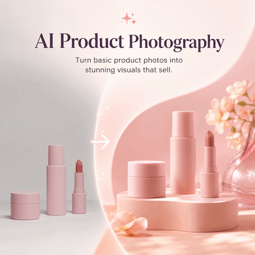 AI Product Photography for Better Ecommerce Visuals – WeShop AI Blog AI Product Photography transforming basic pink cosmetic photos into a polished ecommerce campaign with enhanced lighting, styling, and background design