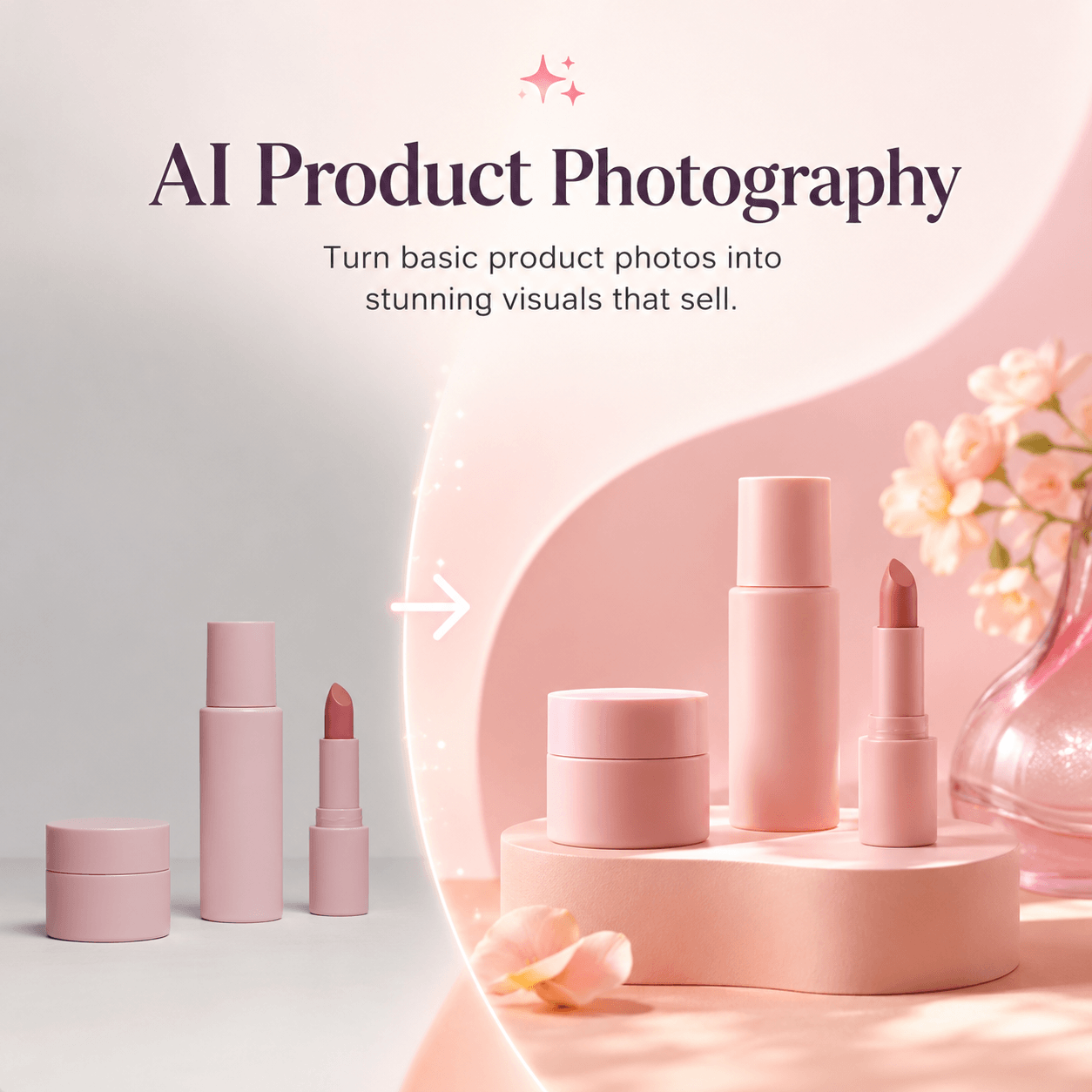 AI Product Photography transforming basic pink cosmetic photos into a polished ecommerce campaign with enhanced lighting, styling, and background design.