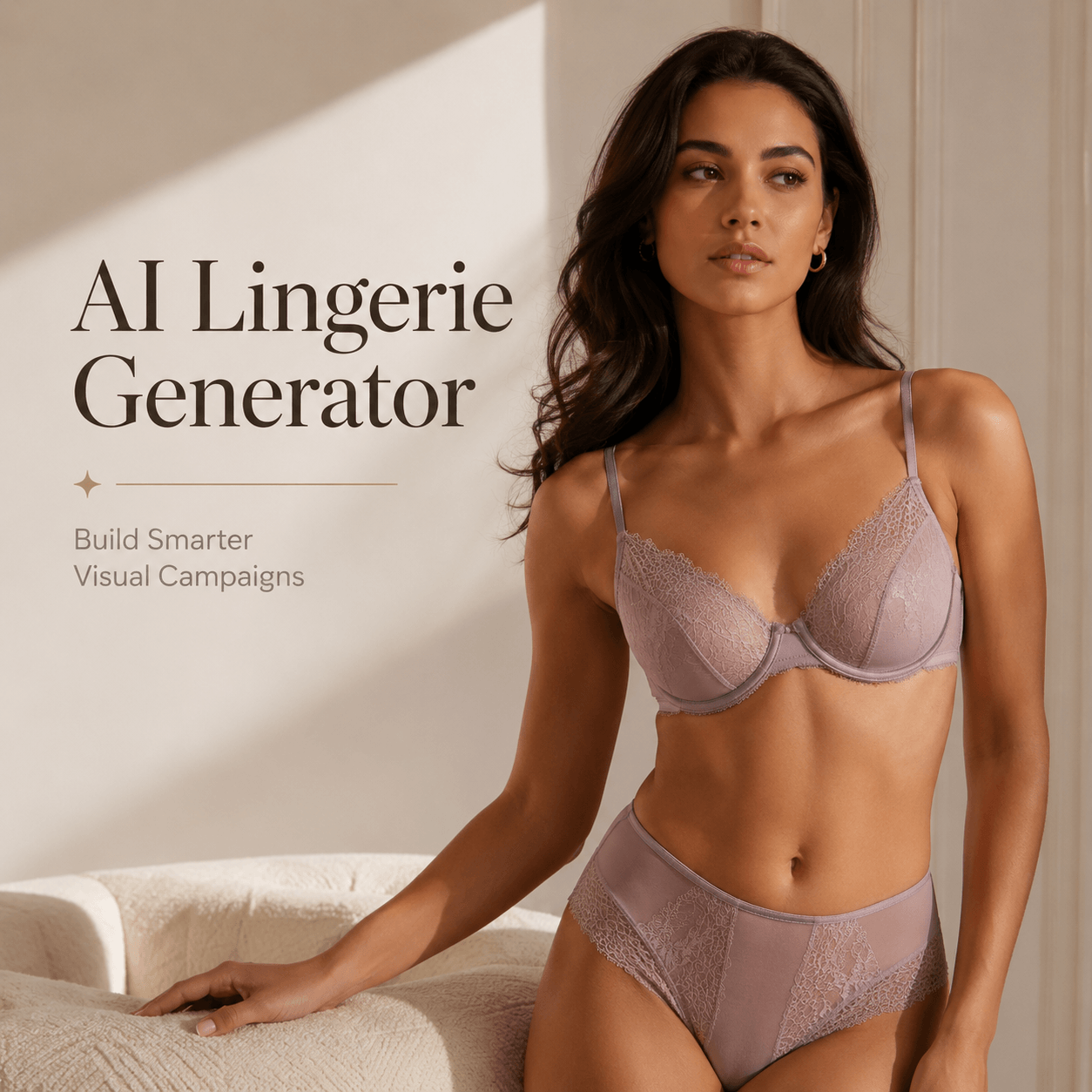 AI Lingerie Generator cover featuring an adult model in mauve lace lingerie within a warm luxury interior.