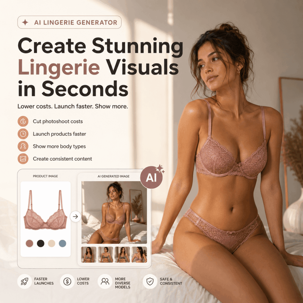 AI Lingerie Generator for Faster Product Launches – WeShop AI Blog AI Lingerie Generator showing a lingerie product image transformed into a polished on-model ecommerce visual.