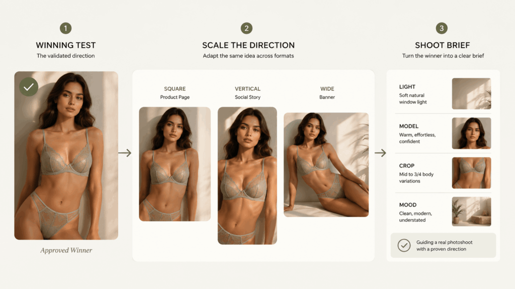 ChatGPT Image 2026年7月24日 18_56_22 1 – WeShop AI Blog AI Lingerie Generator workflow showing a winning lingerie visual adapted into square, vertical, and wide formats, then turned into a clear photoshoot brief.