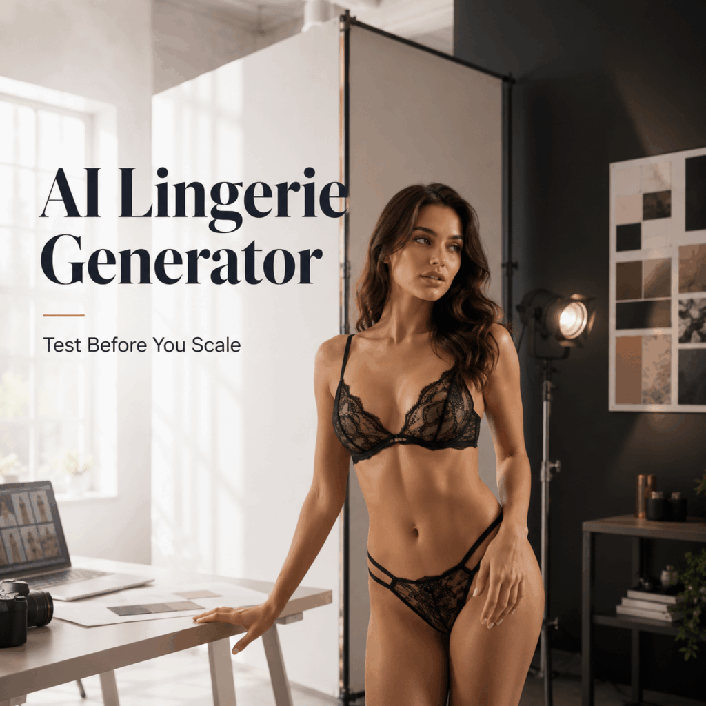 AI Lingerie Generator Creative Testing Campaign – WeShop AI Blog AI Lingerie Generator blog cover featuring an adult model in black lace lingerie inside a professional fashion studio.