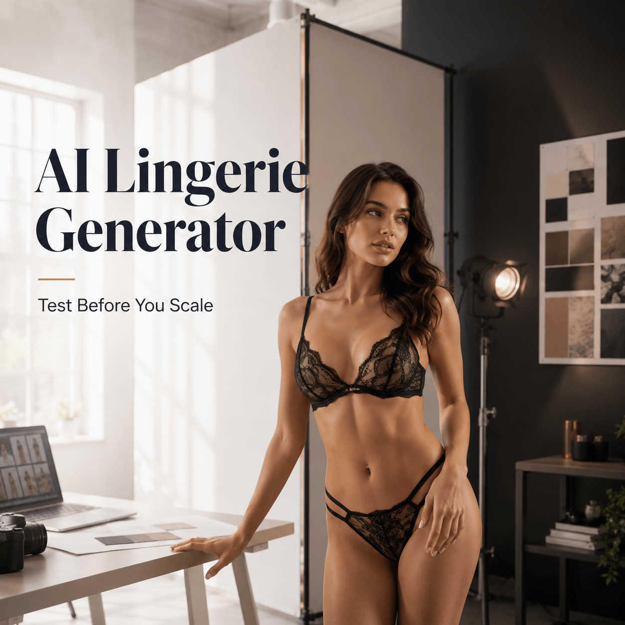 AI Lingerie Generator blog cover featuring an adult model in black lace lingerie inside a professional fashion studio.