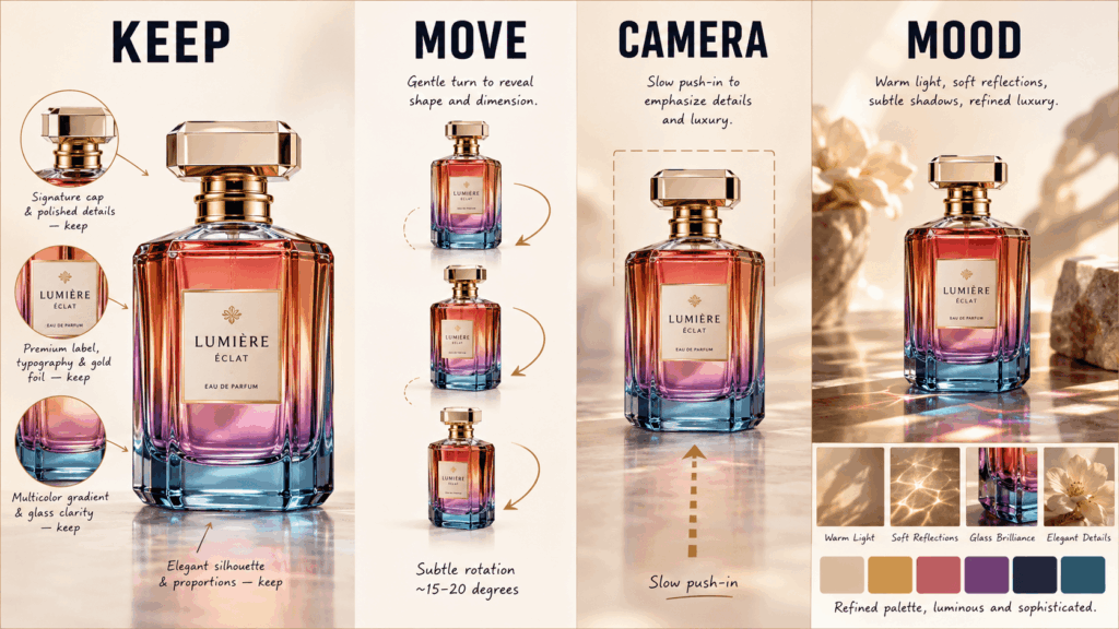 ChatGPT Image 2026年7月24日 19_49_35 1 – WeShop AI Blog Image to Video AI motion brief showing KEEP, MOVE, CAMERA, and MOOD steps with a perfume bottle example.
