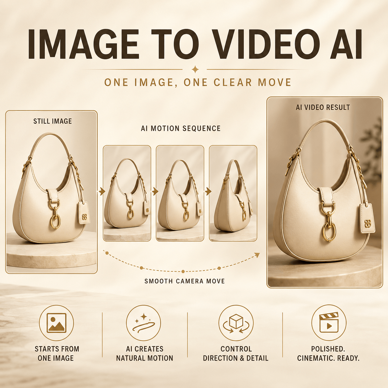 Image to Video AI workflow showing a cream luxury handbag transformed from one still image into a smooth motion sequence and polished video result.