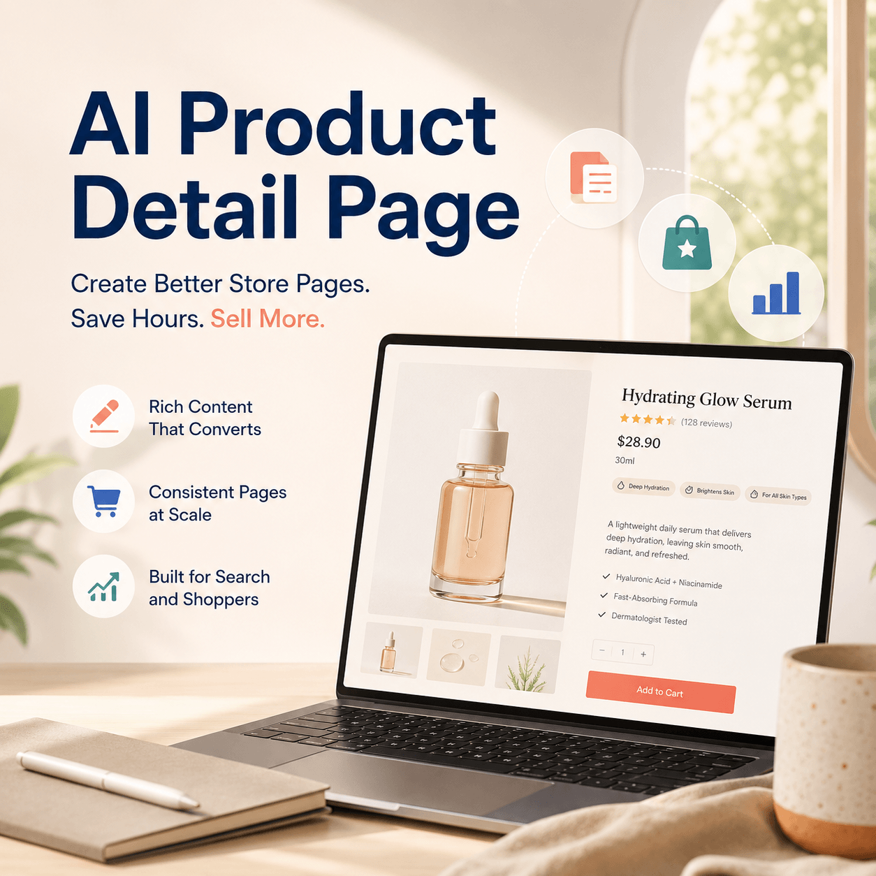 AI Product Detail Page showing a skincare product page on a laptop with ecommerce content, product benefits, and conversion-focused features