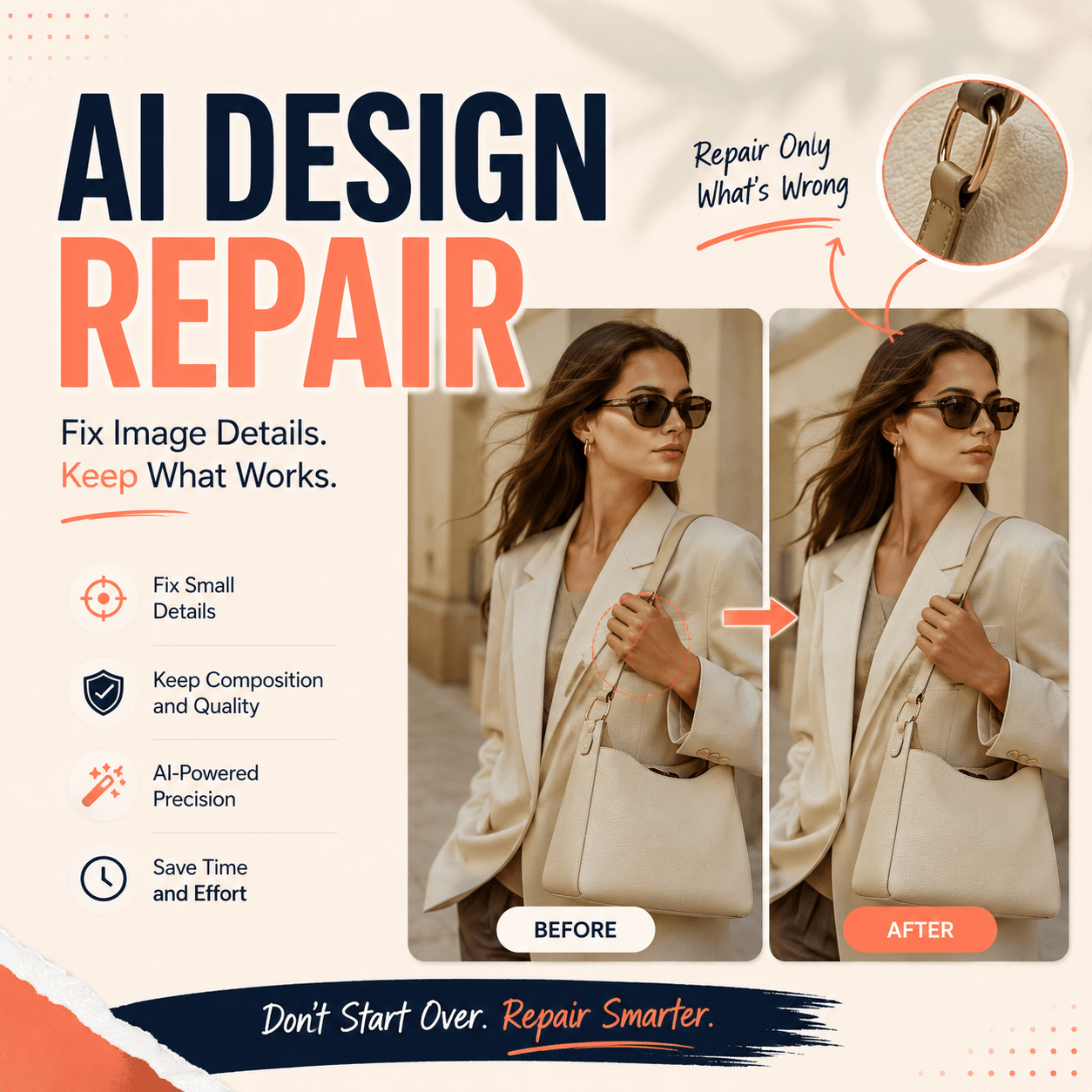 AI Design Repair cover showing a before-and-after fashion image with a repaired handbag detail while preserving the original composition