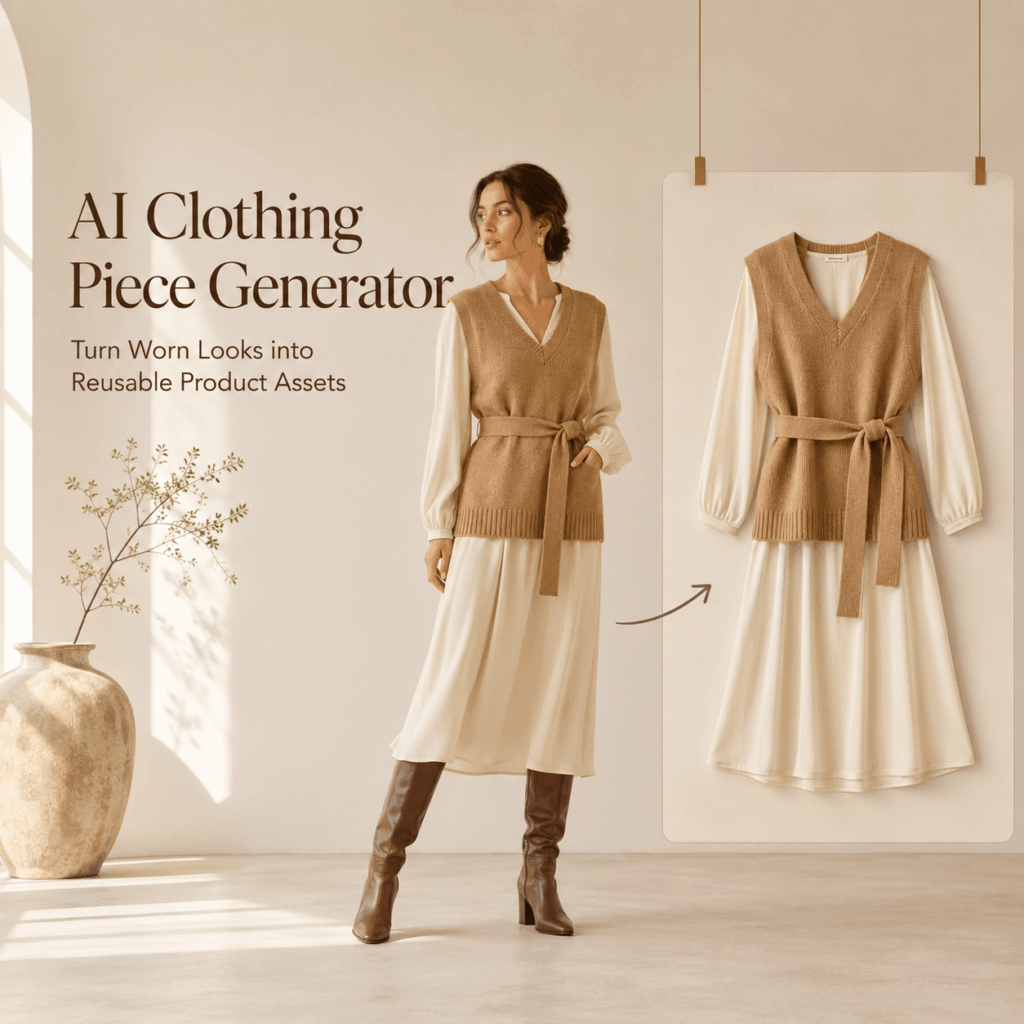 AI Clothing Piece Generator for Reusable Fashion Assets – WeShop AI Blog AI Clothing Piece Generator showing a model outfit transformed into a clean reusable flatlay product asset