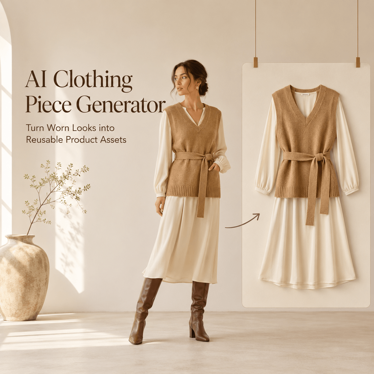 AI Clothing Piece Generator showing a model outfit transformed into a clean reusable flatlay product asset