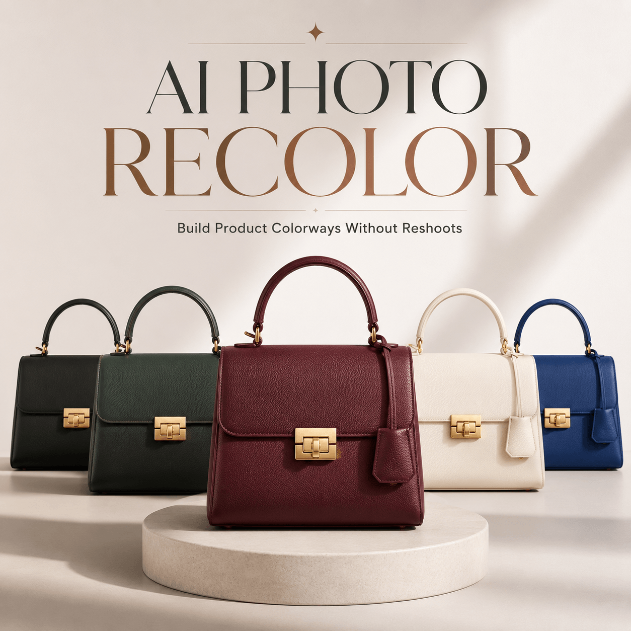 AI Photo Recolor showing the same structured handbag in black, green, burgundy, cream, and blue colorways