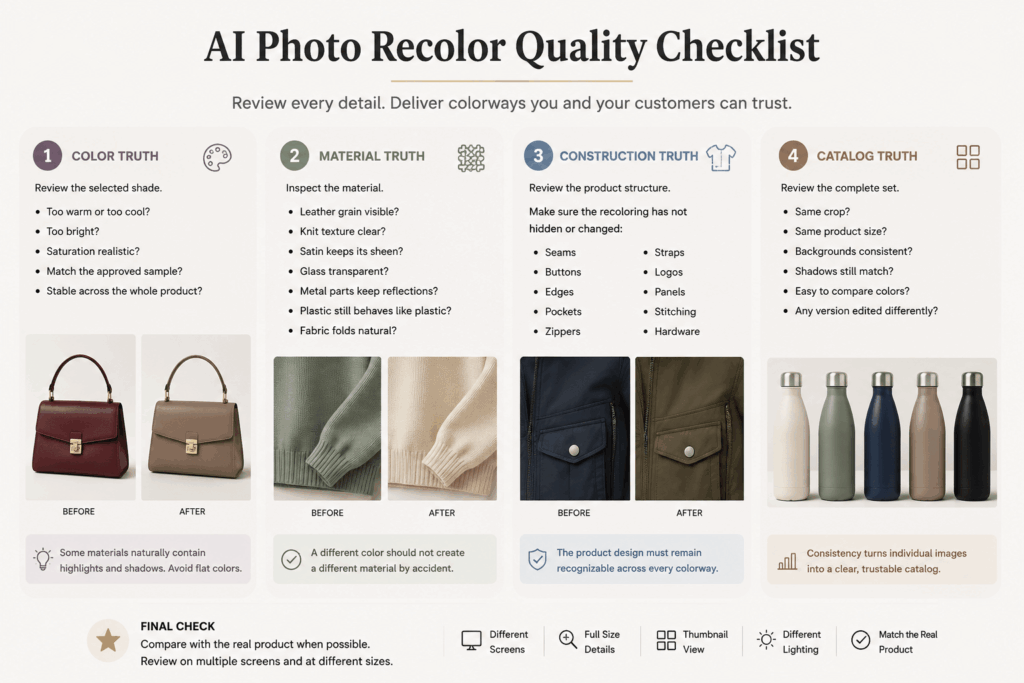 ChatGPT Image 2026年7月25日 01_49_26 1 – WeShop AI Blog AI Photo Recolor quality checklist covering color accuracy, material texture, product construction, and catalog consistency