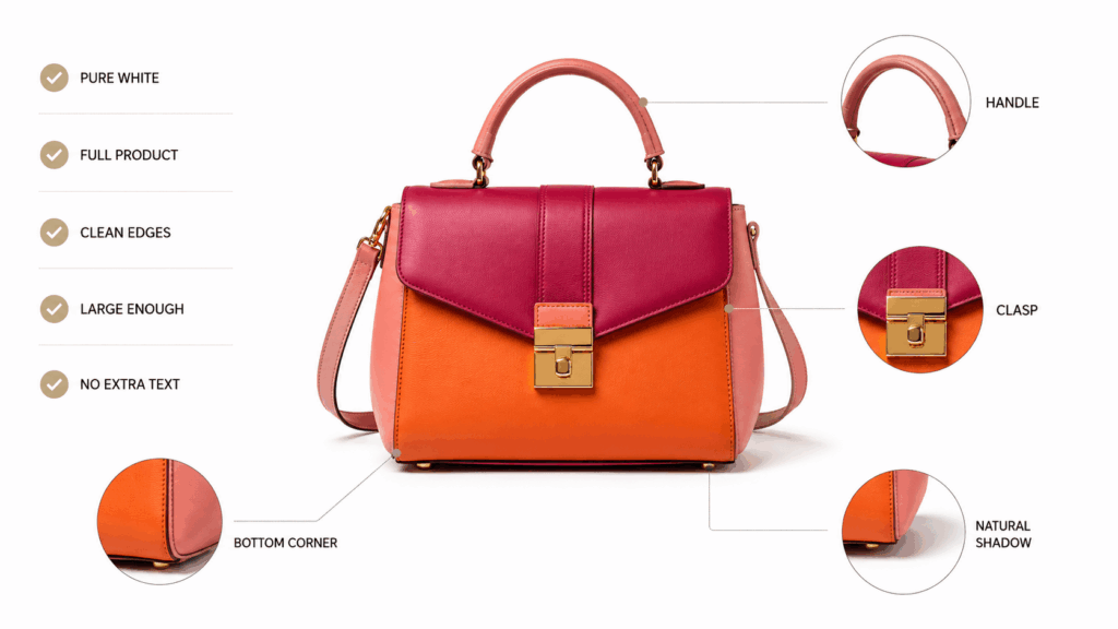 Amazon product image checklist reviewing a handbag for pure white background, full visibility, clean edges, correct scale, and no extra text.