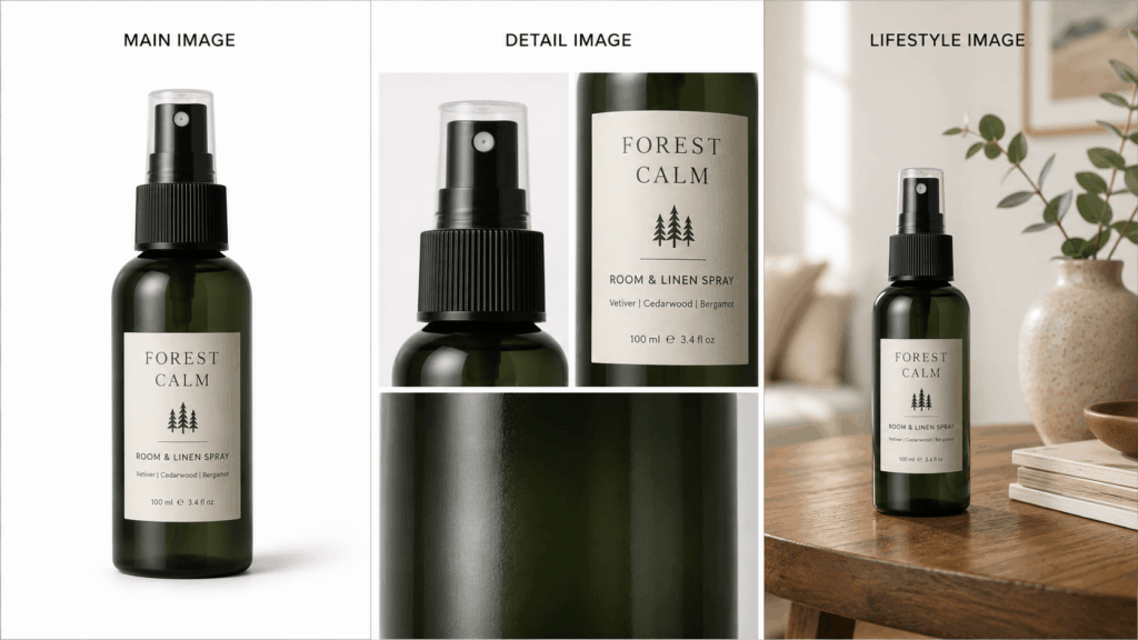 The same green spray bottle shown as an Amazon main image, detail image, and lifestyle image.