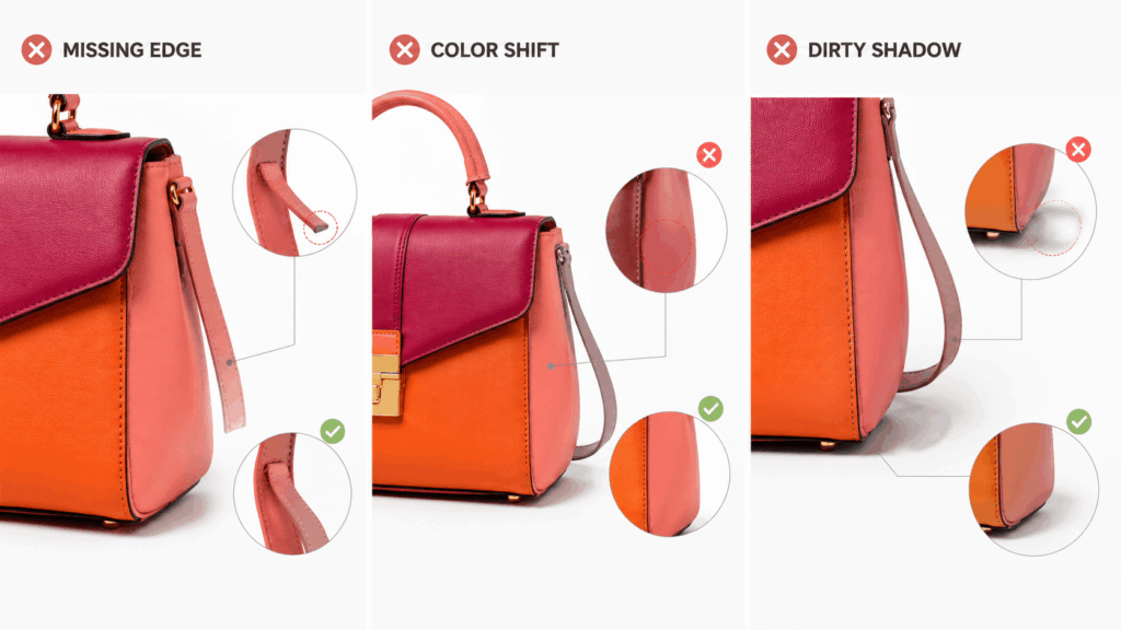 Handbag quality-control board showing a missing edge, color shift, and unwanted dirty shadow.
