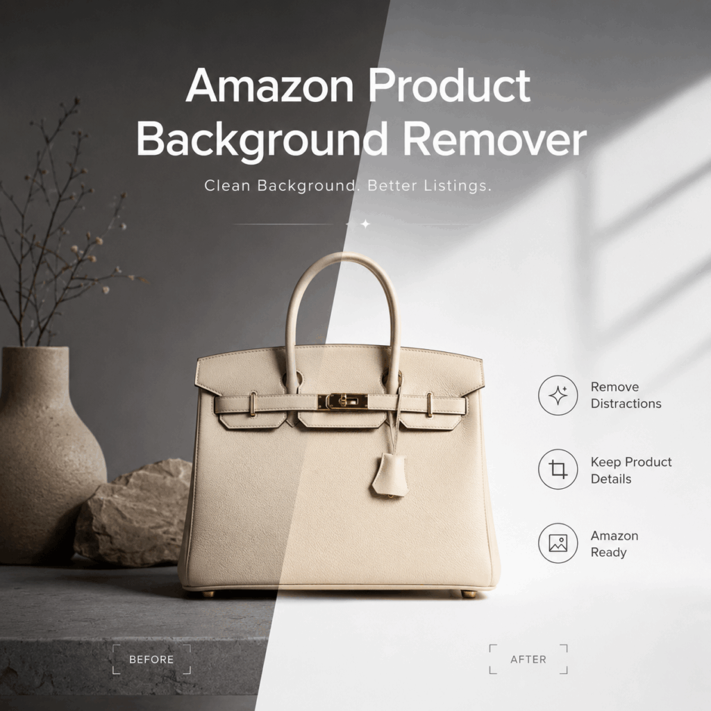 Amazon Product Background Remover cover showing a luxury handbag changing from a dark styled scene to a clean white product image.