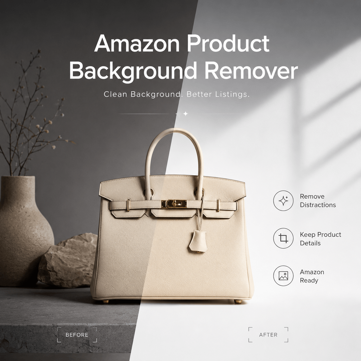 Amazon Product Background Remover cover showing a luxury handbag changing from a dark styled scene to a clean white product image.