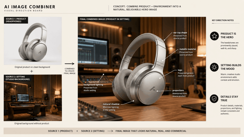 AI Image Combiner visual direction board showing silver headphones blended into a warm music studio while preserving product shape, materials, logo, and proportions.
