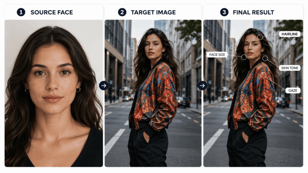 Three-step AI Face Swap workflow showing a source portrait, a target street fashion image, and the final result with checks for face size, skin tone, gaze, and hairline.
