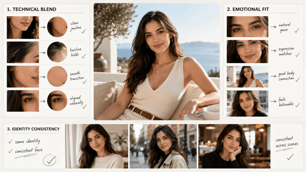 AI Face Swap quality review board checking technical blending, emotional fit, and identity consistency across several lifestyle portraits of the same adult woman.