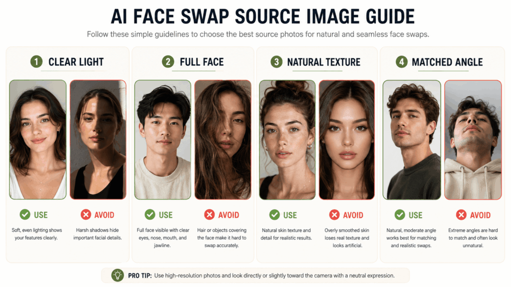 AI Face Swap source image guide comparing recommended and weaker portraits for clear lighting, full-face visibility, natural texture, and matched camera angles.
