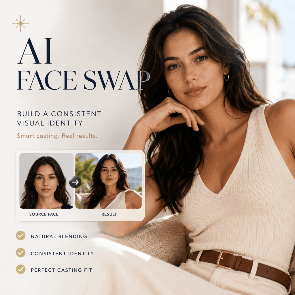 AI Face Swap cover showing an adult woman, a source face preview, and a natural final result that preserves a consistent visual identity.