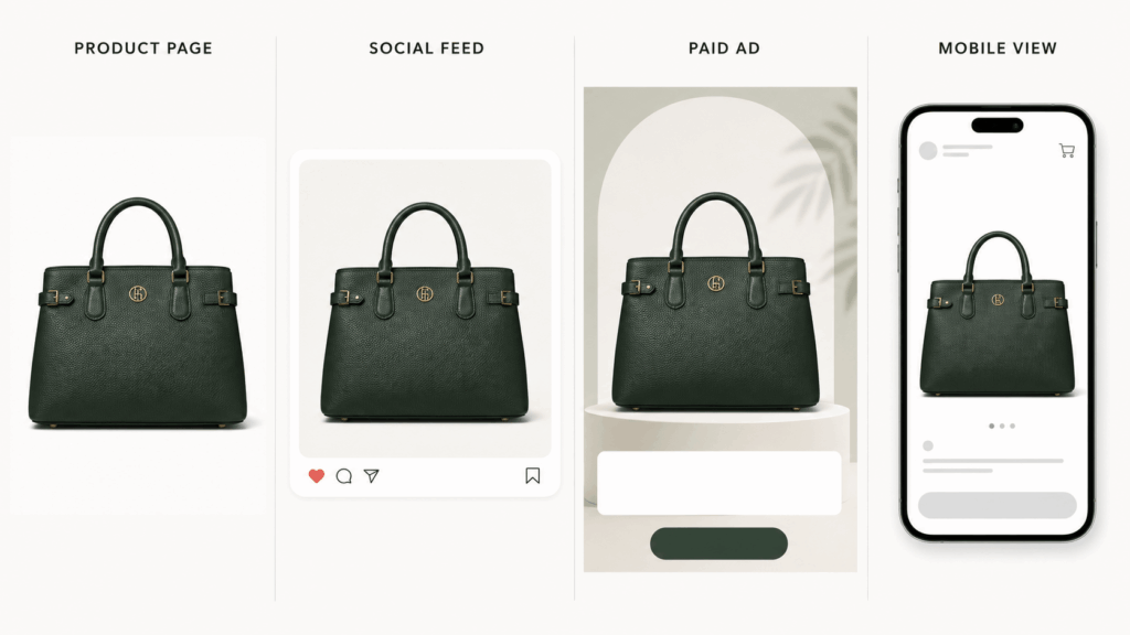 Forest green handbag tested across a product page, social feed, paid ad, and mobile view using the same product image and color.